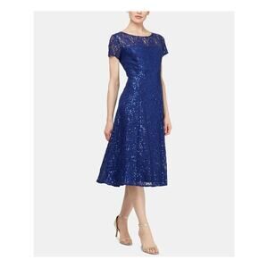 NWT SLNY Sz 6 Blue Sequined Lace Short Sleeve A-Line Cocktail Midi Dress